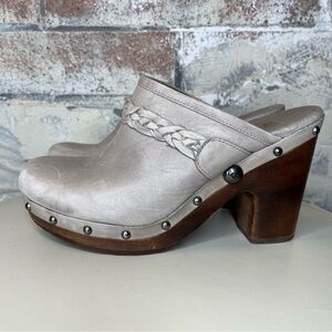 UGG Kaylee clog mules 9 grey leather braided trim metal studs shearling boho